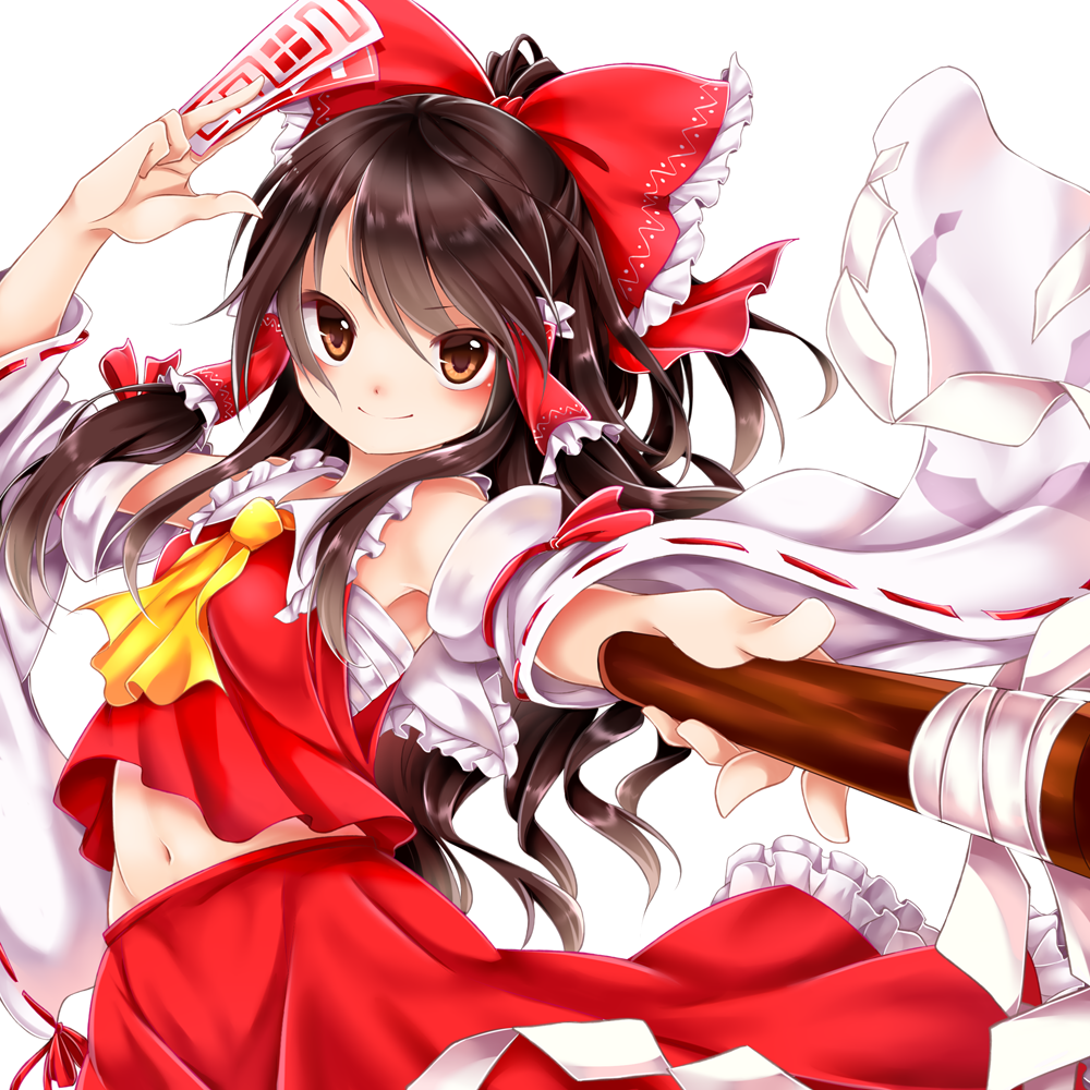 1girl ascot bow brown_hair chikuwa_savi detached_sleeves foreshortening frilled_skirt frills gohei hair_bow hair_tubes hakurei_reimu holding long_hair looking_at_viewer midriff navel ofuda orange_eyes red_bow red_skirt ribbon-trimmed_sleeves ribbon_trim sarashi shide sidelocks simple_background skirt skirt_set smile solo touhou vest white_background