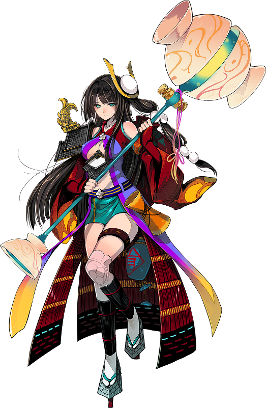 1girl aqua_eyes arioka_(oshiro_project) artist_request bare_shoulders black_hair breasts cleavage full_body green_skirt hammer holding holding_hammer holding_weapon large_breasts long_hair oshiro_project oshiro_project_re shachihoko skirt transparent_background very_long_hair weapon