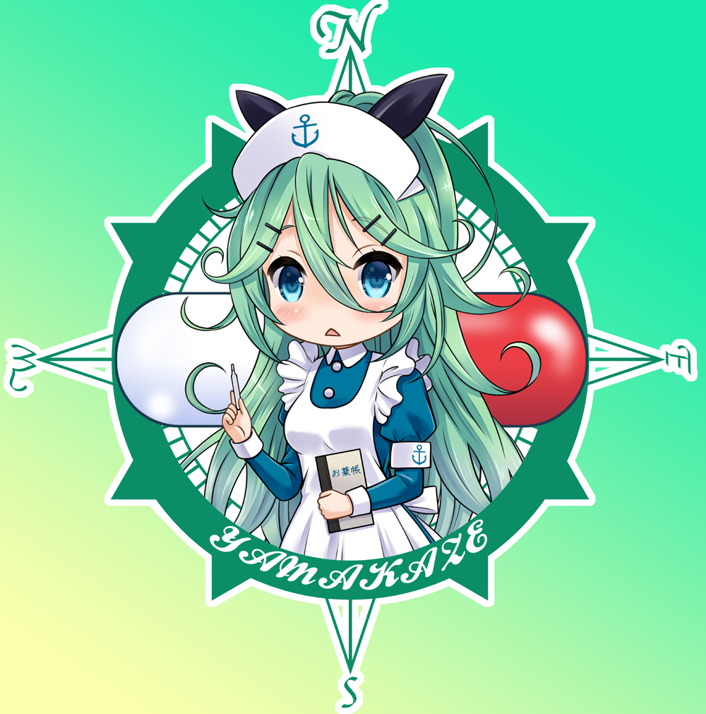 1girl alternate_costume anchor_symbol blue_eyes chibi commentary_request compass green_hair hair_between_eyes hair_ornament hair_ribbon hairclip hat holding kantai_collection long_hair looking_at_viewer neko_danshaku nurse nurse_cap ribbon solo thermometer translation_request yamakaze_(kantai_collection)