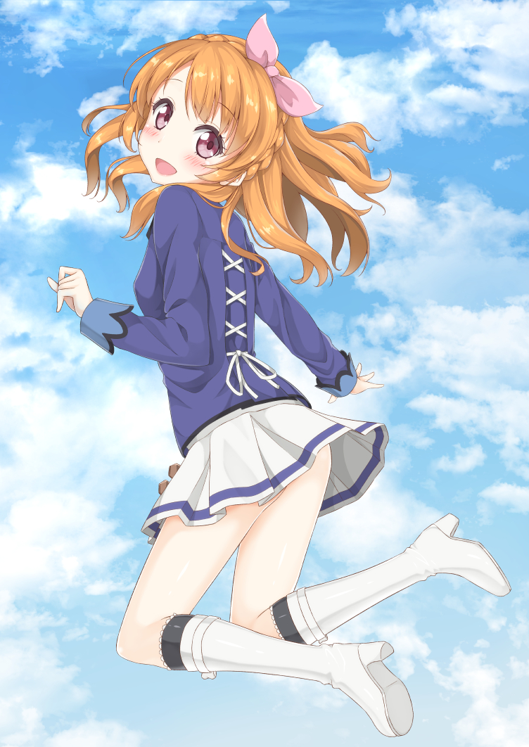 1girl :d aikatsu! black_legwear blue_shirt blush boots bow braid brown_hair clouds cloudy_sky commentary_request cross-laced_clothes day full_body hair_bow head_tilt high_heel_boots high_heels karutamo knee_boots kneehighs long_hair long_sleeves looking_at_viewer looking_back oozora_akari open_mouth pink_bow pink_eyes pleated_skirt ribbon school_uniform shirt skirt sky smile solo white_boots white_ribbon white_skirt