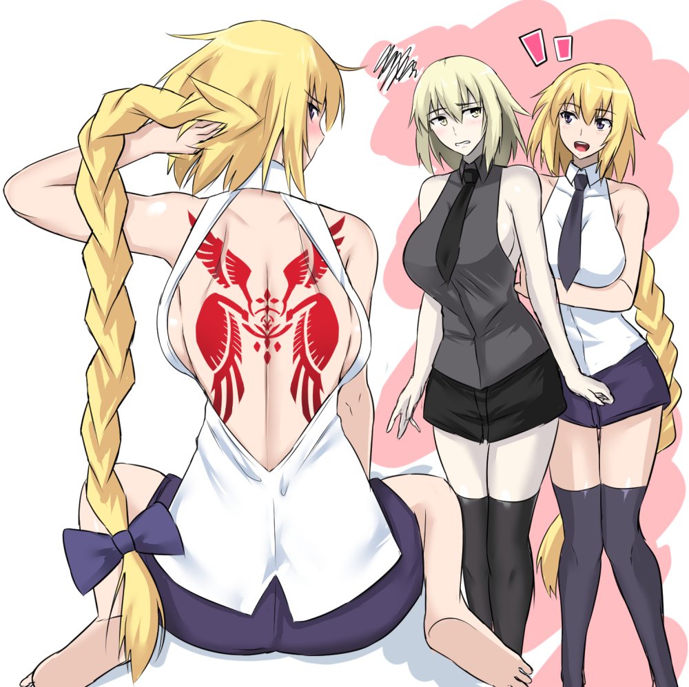 2girls :d arms_at_sides backboob backless_outfit bangs bare_arms bare_shoulders barefoot black_legwear black_necktie blonde_hair blue_bow blush bow braid breasts collared_shirt dual_persona fate/apocrypha fate/grand_order fate_(series) hair_bow jeanne_alter large_breasts long_hair looking_at_another miniskirt multiple_girls multiple_views necktie open_mouth pale_skin platinum_blonde ruler_(fate/apocrypha) shirt sideboob single_braid sitting skirt sleeveless sleeveless_shirt smile squiggle takara_joney tattoo thigh-highs very_long_hair violet_eyes wariza yellow_eyes