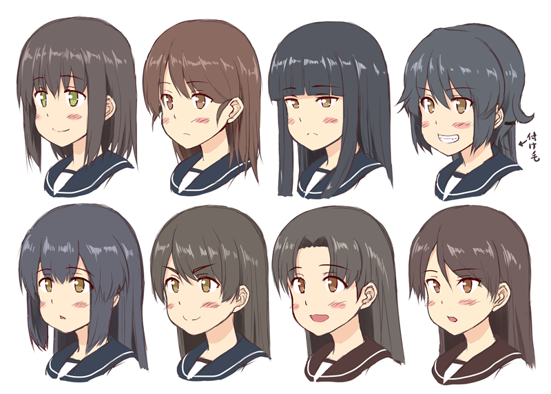 &gt;:) 6+girls :&lt; :d :o ayanami_(kantai_collection) blush brown_eyes brown_hair commentary_request empty_eyes fubuki_(kantai_collection) green_eyes grin hair_down hatsuyuki_(kantai_collection) head ichikawa_feesu isonami_(kantai_collection) kantai_collection long_hair miyuki_(kantai_collection) multiple_girls open_mouth sailor_collar shikinami_(kantai_collection) shirayuki_(kantai_collection) sidelocks simple_background smile translation_request triangle_mouth uranami_(kantai_collection) white_background