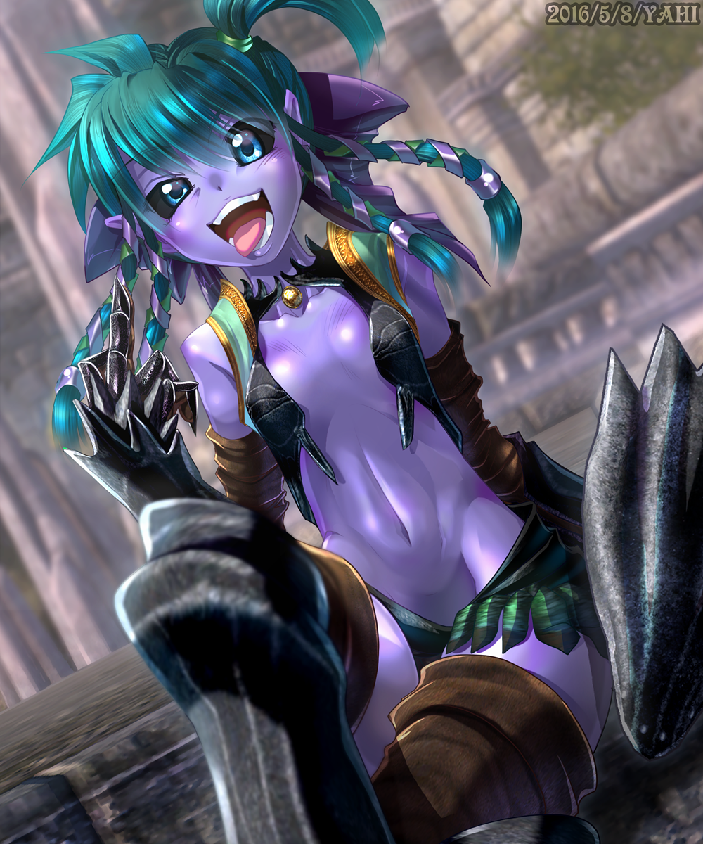 1girl :d armor armored_boots artist_name black_sclera blue_eyes boots breasts castle dated demon_girl elbow_gloves eyebrows_visible_through_hair gauntlets gloves green_hair hair_ribbon highres legs_crossed middle_finger navel open_mouth original pointy_ears purple_skin revealing_clothes ribbon shiny shiny_skin side_ponytail sitting small_breasts smile teeth thigh-highs thigh_boots tongue tongue_out uneven_eyes yahi