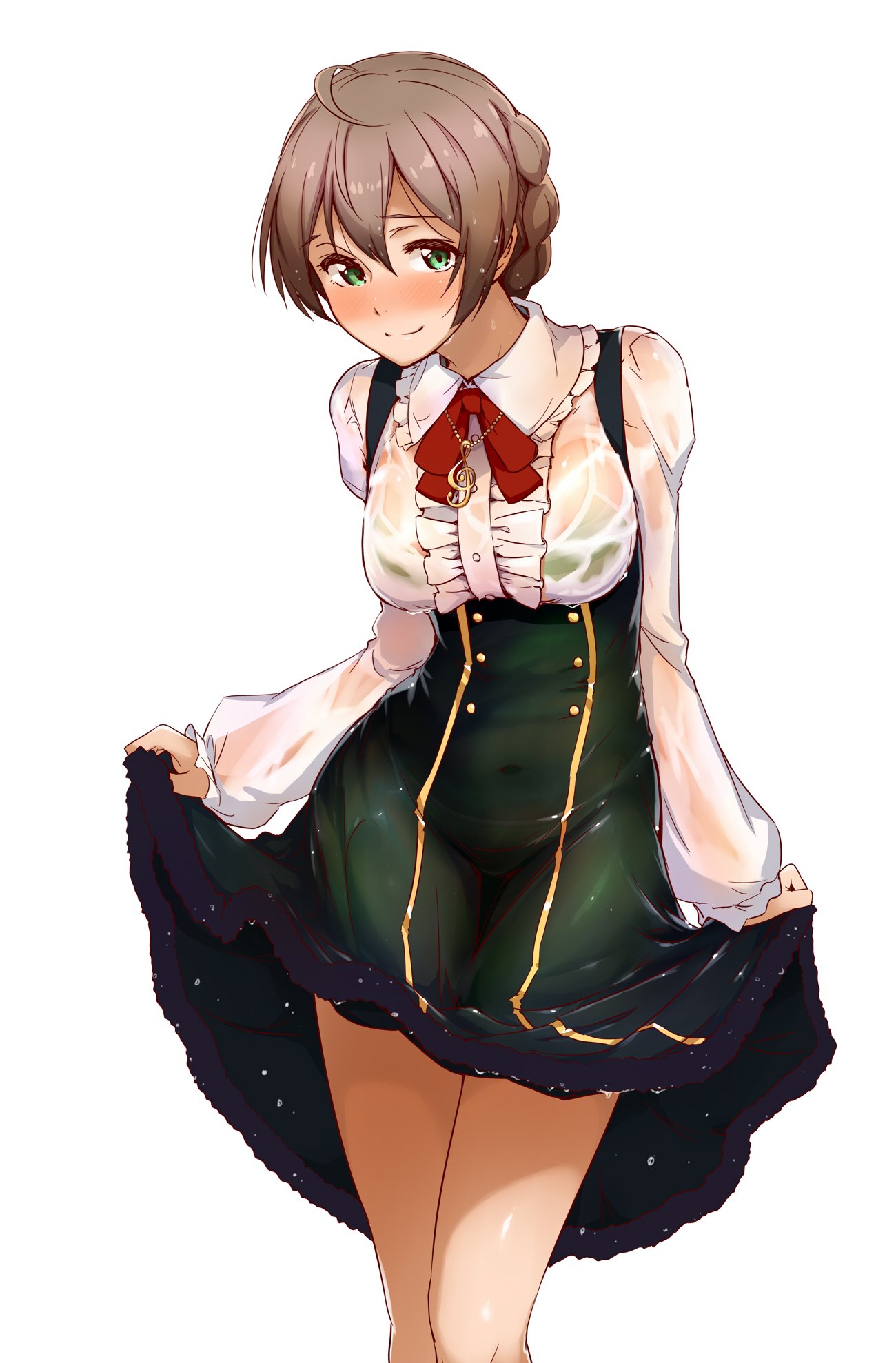 1girl ahoge bangs black_dress blush bra braid breasts buttons center_frills commentary_request dress dress_shirt frills full-face_blush green_eyes highres idolmaster idolmaster_million_live! idolmaster_million_live!_theater_days legs light_brown_hair looking_at_viewer medium_breasts musical_note_necklace neck_ribbon puffy_sleeves red_ribbon ribbon sakuramori_kaori see-through shirt side_braid simple_background skirt skirt_lift slouching smile solo suspender_skirt suspenders swept_bangs thighs tokiwa_midori_(kyokutou_funamushi) underbust underwear wet wet_clothes white_background