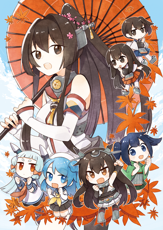 &gt;:d 6+girls :d akagi_(kantai_collection) ark_kan autumn_leaves bangs black_hair blue_eyes blue_hair blunt_bangs breasts brown_eyes brown_hair cherry_blossoms covering_mouth detached_sleeves double_bun dress elbow_gloves eyebrows_visible_through_hair fingerless_gloves flower gloves hair_flower hair_ornament hair_ribbon hand_over_own_mouth hat headgear holding holding_umbrella japanese_clothes jitome kaga_(kantai_collection) kantai_collection large_breasts long_hair looking_at_viewer multiple_girls muneate murakumo_(kantai_collection) nagato_(kantai_collection) neckerchief open_mouth orange_eyes oriental_umbrella pantyhose pantyhosse pleated_skirt ponytail ribbon sailor_dress sailor_hat school_uniform serafuku short_hair side_ponytail sidelocks silver_hair skirt sleeves_rolled_up smile souryuu_(kantai_collection) tasuki thigh-highs twintails umbrella urakaze_(kantai_collection) white_gloves white_hat white_legwear yamato_(kantai_collection)