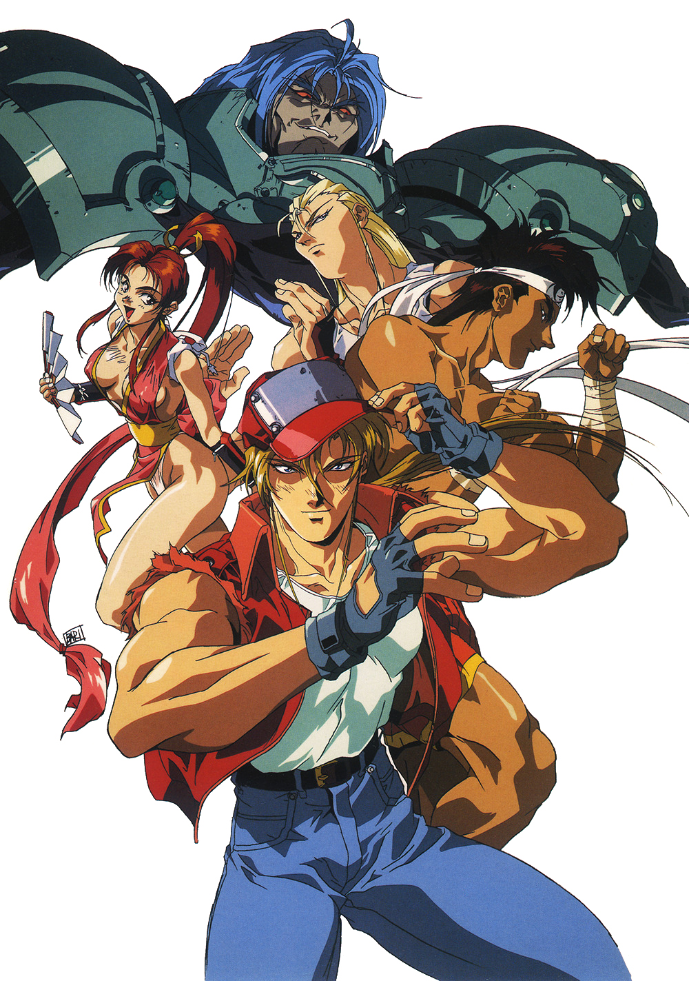 90s adjusting_clothes adjusting_hat andy_bogard armor bandage blonde_hair blue_hair breasts brown_eyes clenched_hands denim erect_nipples fan fatal_fury finger_to_mouth grin hat headband high_ponytail highres holding holding_fan jacket jeans joe_higashi long_hair looking_at_viewer medium_breasts official_art oobari_masami open_clothes open_jacket open_mouth pants pelvic_curtain profile red_sclera redhead shiranui_mai shirt short_hair simple_background sleeveless_jacket smile t-shirt terry_bogard white_background