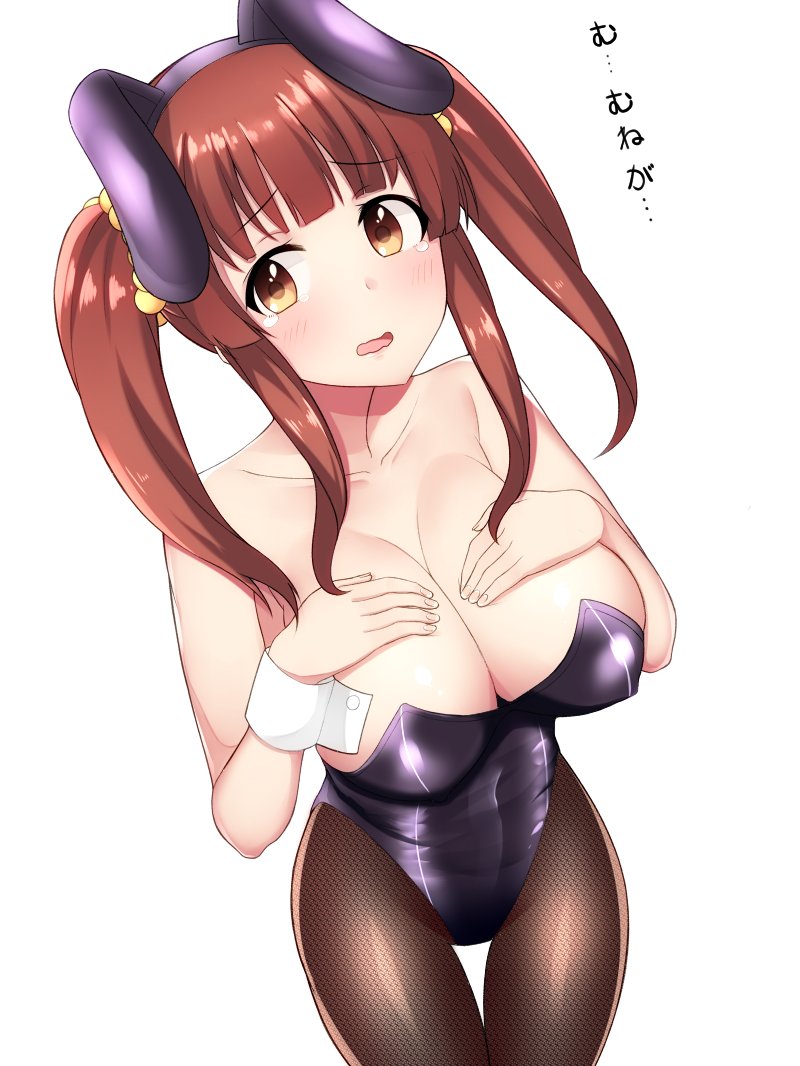 10s 1girl animal_ears bangs bare_shoulders black_leotard blush breasts brown_eyes brown_hair cleavage collarbone commentary_request covered_navel h3po4_chiba hands_on_own_chest idolmaster idolmaster_cinderella_girls large_breasts leotard long_hair looking_at_viewer looking_to_the_side ogata_chieri open_mouth pantyhose rabbit_ears scrunchie sidelocks simple_background solo tearing_up translation_request twintails wavy_mouth white_background wrist_cuffs