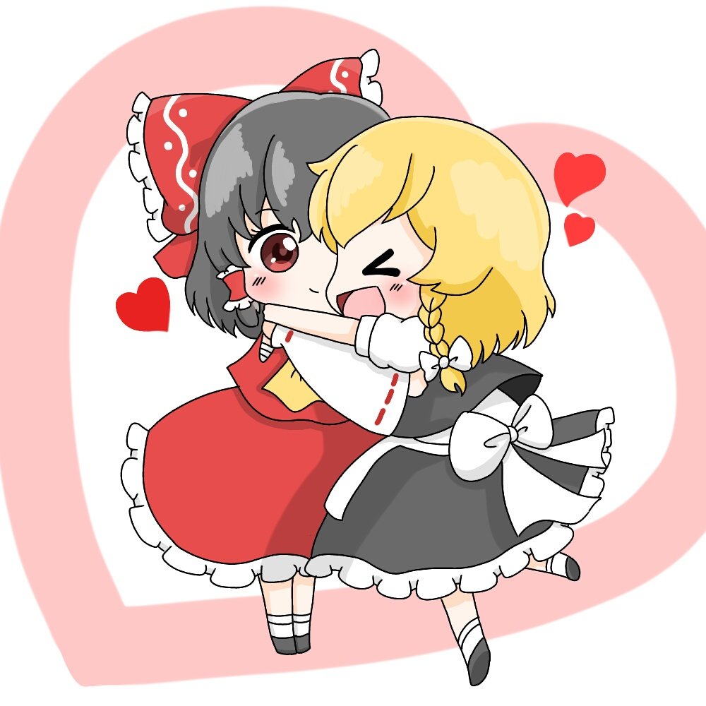 &gt;_&lt; 2girls :d apron black_hair blonde_hair blush bow braid chibi commentary detached_sleeves hair_bow hair_ribbon hair_tubes hakurei_reimu heart hug kirisame_marisa large_bow marisa_spark multiple_girls no_hat no_headwear open_mouth red_eyes revision ribbon sarashi side_braid single_braid skirt skirt_set smile touhou vest waist_apron xd yellow_ascot yuri