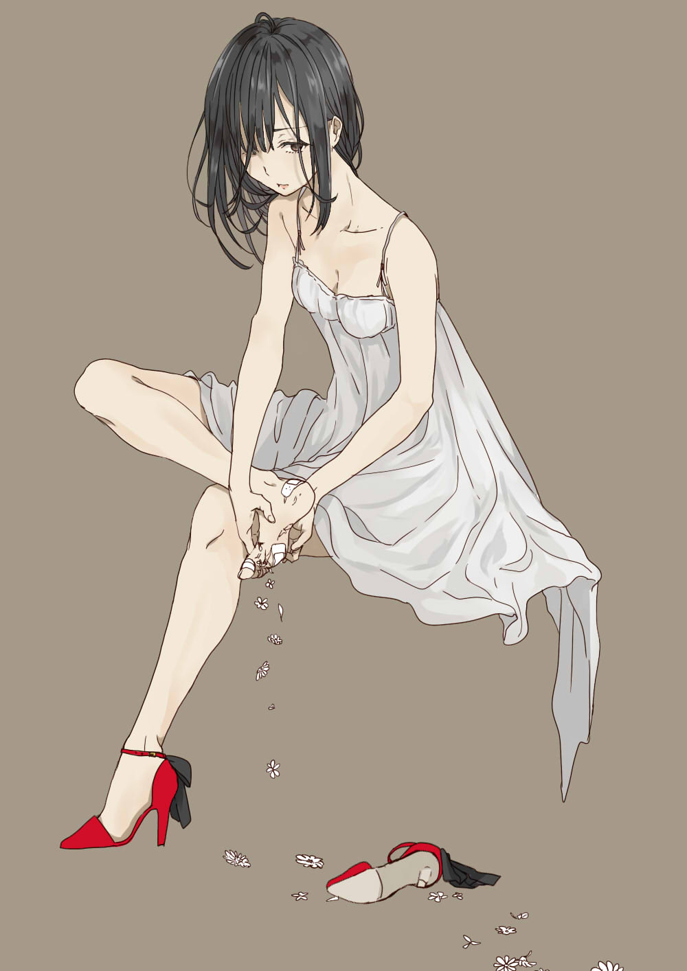 1girl bandaid_on_leg black_eyes black_hair breasts brown_background cleavage dress flower full_body hair_over_one_eye high_heels highres invisible_chair jpeg_artifacts legs long_hair original pink_lips pomu red_shoes shoe_removed shoes sitting solo spaghetti_strap white_dress