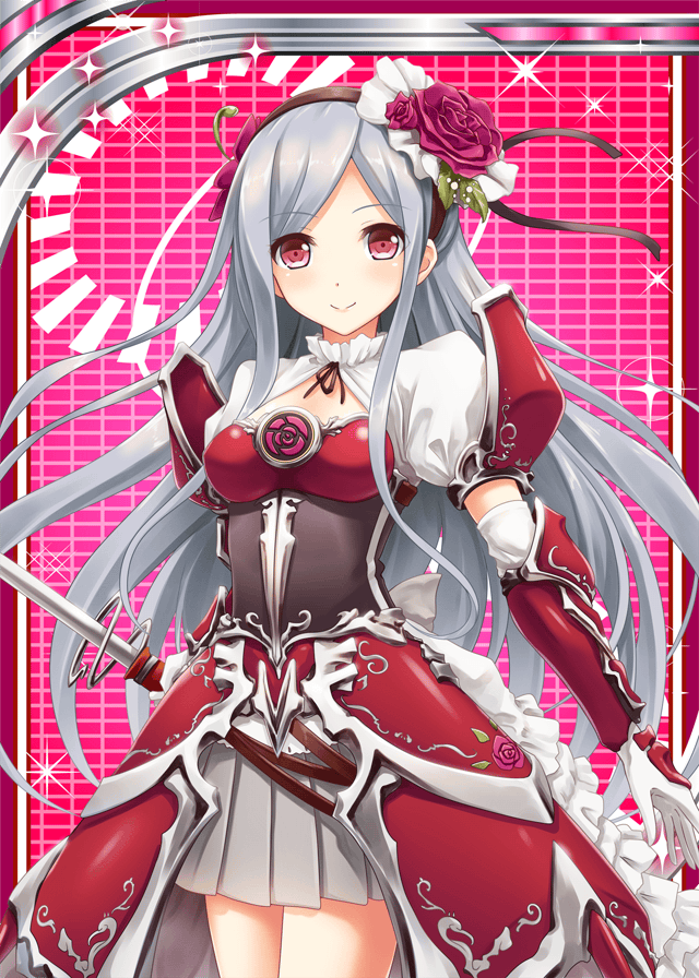 1girl akkijin armor blonde_hair card dress floral_print flower grey_hair hair_flower hair_ornament knight long_hair looking_at_viewer red_dress red_eyes red_rose rose rose_print shinkai_no_valkyrie smile solo sword weapon