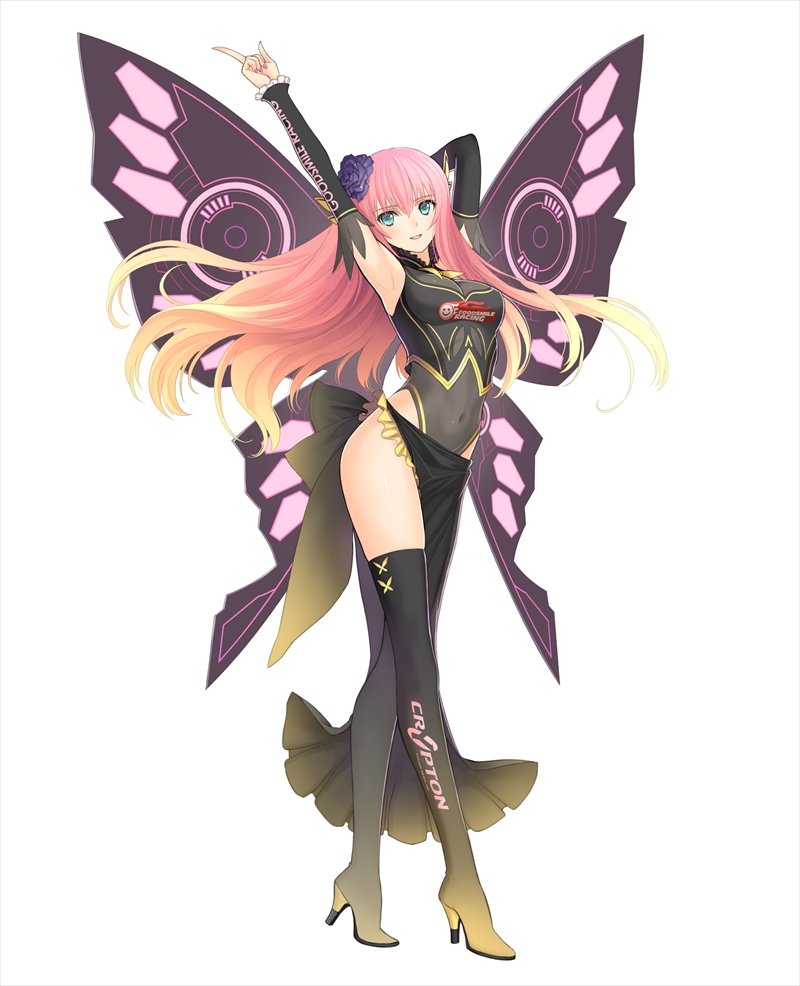 1girl :d alternate_costume aqua_eyes arm_behind_head armpits arms_up bangs black_boots black_clothes black_detached_sleeves black_flower black_leotard black_rose black_sarong boots breasts butterfly_wings commentary_request covered_navel detached_sleeves elbow_gloves eyebrows_visible_through_hair female floating_hair flower full_body gloves goodsmile_racing gradient gradient_boots gradient_hair hair_flower hair_ornament highres index_finger_raised large_breasts leotard logo long_hair looking_at_viewer megurine_luka multicolored multicolored_hair official_art open_mouth pink_hair purple_wings racequeen rose sarong side_slit simple_background sleeveless sleeveless_leotard smile solo standing tanaka_takayuki thigh-highs thigh_boots vocaloid white_background wings