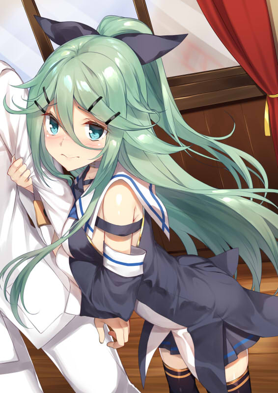 1boy 1girl 3: admiral_(kantai_collection) arched_back arm_hug black_bow black_skirt blue_eyes blush bow closed_mouth detached_sleeves green_hair hair_between_eyes hair_bow hair_flaps hair_ornament hairclip kantai_collection long_hair looking_at_viewer out_of_frame pleated_skirt ponytail sailor_collar sidelocks skirt solo_focus yamakaze_(kantai_collection) yappen