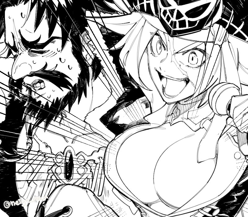 10s 1boy 1girl arm_around_shoulder beard chair close-up edward_teach_(fate/grand_order) facial_hair fate/extra fate/grand_order fate_(series) greyscale long_hair microphone mojaranmo monochrome open_mouth pirate rider_(fate/extra) signature