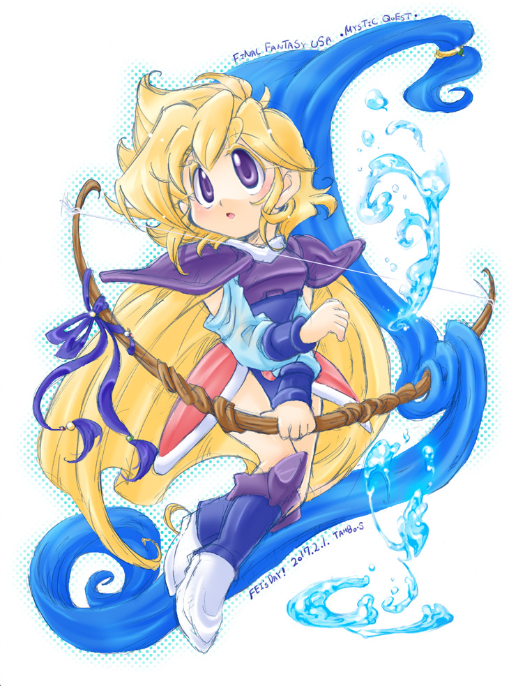 1girl armor blonde_hair bow_(weapon) cape character_name copyright_name dated faye fei_(ffmq) final_fantasy final_fantasy_mystic_quest graphite_(medium) open_mouth phoebe_(ffmq) ribbon shirokiya_tanbo sketch solo traditional_media violet_eyes water weapon