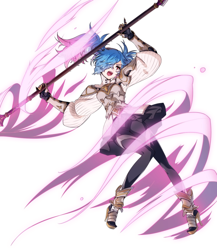 1girl armor blue_hair fire_emblem fire_emblem_heroes fire_emblem_if full_body gloves gradient_hair hair_over_one_eye long_hair multicolored_hair official_art open_mouth pieri_(fire_emblem_if) pink_hair red_eyes solo twintails two-tone_hair weapon