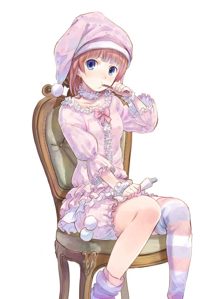 1girl atelier_(series) atelier_rorona bangs blue_eyes brushing_teeth chair commentary_request detached_collar frills hat holding kishida_mel looking_at_viewer nightcap official_art pajamas pink_hair pom_pom_(clothes) puffy_shorts rororina_fryxell short_hair shorts sitting solo striped striped_legwear toothbrush toothpaste transparent_background wrist_cuffs