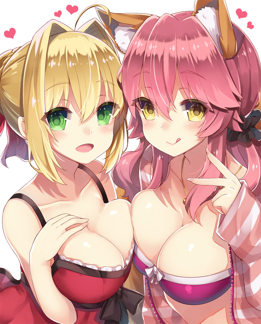 2girls :d :q blonde_hair breast_press breasts cleavage collarbone fate_(series) fox_tail from_above green_eyes jewelry large_breasts long_hair looking_at_viewer looking_up multiple_girls necklace nero_claudius_(fate) nero_claudius_(fate)_(all) open_mouth pink_hair smile symmetrical_docking tail tamamo_(fate)_(all) tamamo_no_mae_(fate) tongue tongue_out yellow_eyes yuzu-aki
