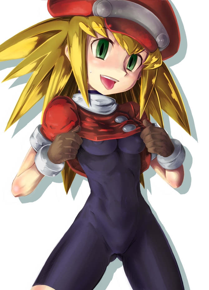 1girl bike_shorts blonde_hair gloves green_eyes hat ko-soku_baita long_hair open_mouth red_shorts rockman rockman_dash roll_caskett shorts smile