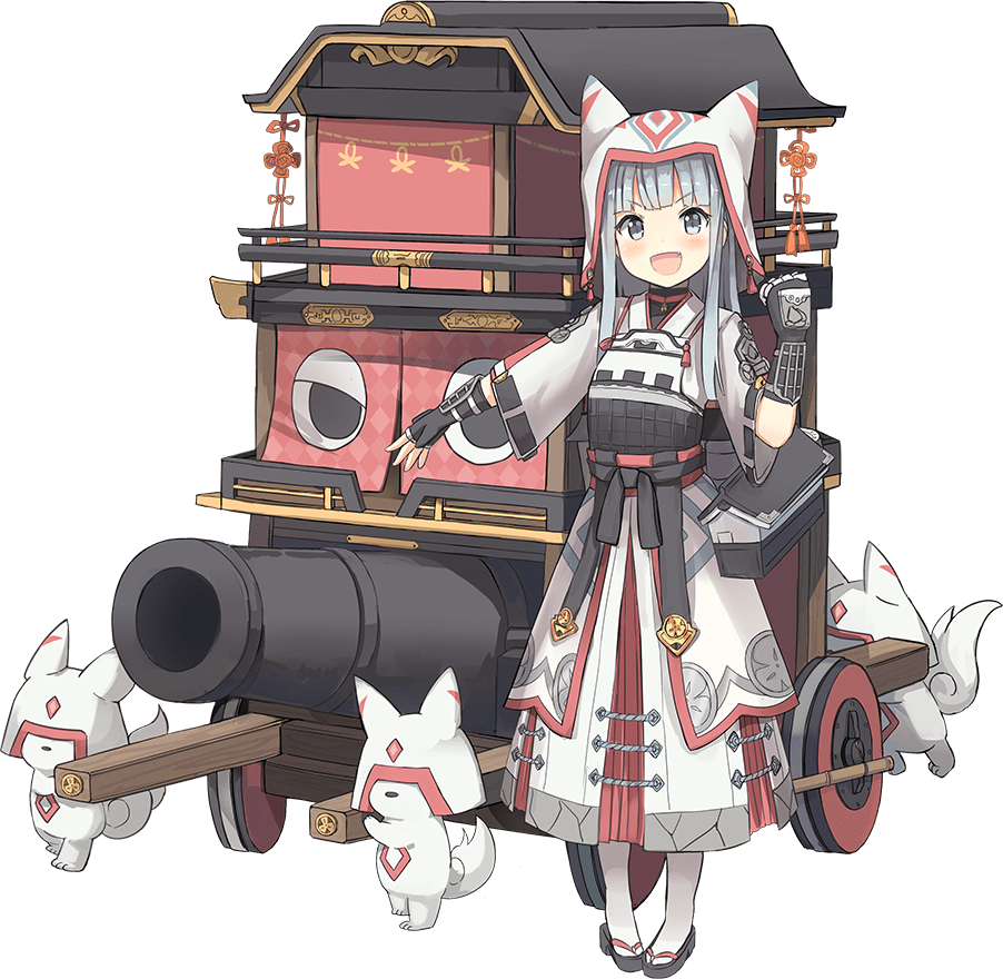 1girl animal_ears armor armored_dress black_gloves cannon dog_ears dress fang fingerless_gloves gloves grey_eyes hat hat_with_ears inuyama_(oshiro_project) long_hair looking_at_viewer nanashina official_art open_mouth oshiro_project silver_hair smile
