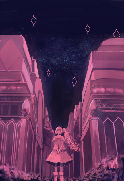 1girl boots building commentary_request fantasy hands_together long_hair looking_at_viewer night night_sky original purple sakimori_(hououbds) scenery short_sleeves side_ponytail skirt sky solo standing star_(sky) starry_sky