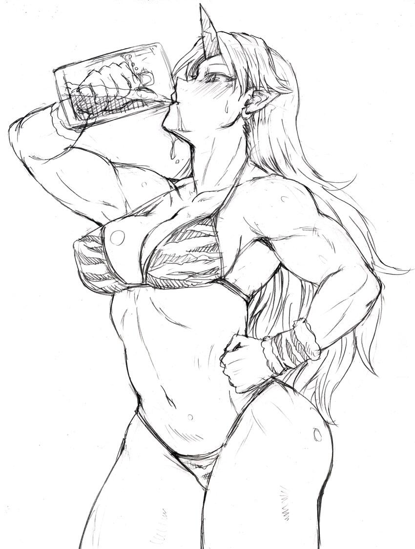 1girl bikini blush breasts cleavage cowboy_shot cup drinking drinking_glass earrings greyscale halter_top halterneck horn hoshiguma_yuugi jewelry large_breasts long_hair monochrome muscle muscular_female navel pointy_ears simple_background solo star stomach sweat swimsuit touhou tsurui white_background