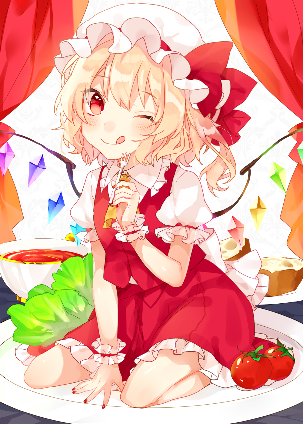 1girl ;q ascot bangs blonde_hair blush breasts cherry_tomato collared_shirt commentary_request crystal cup curtains eyebrows_visible_through_hair flandre_scarlet fork frilled_cuffs frilled_shirt_collar frilled_skirt frilled_sleeves frills full_body hat hat_ribbon highres holding holding_fork lettuce long_hair looking_at_viewer minigirl mob_cap mokyuko nail_polish one_eye_closed one_side_up plate puffy_short_sleeves puffy_sleeves red_eyes red_ribbon red_skirt red_vest ribbon shirt short_hair short_sleeves sitting skirt skirt_set small_breasts solo tea tomato tongue tongue_out touhou vest wariza wavy_hair white_hat white_shirt wing_collar wings wrist_cuffs yellow_ascot