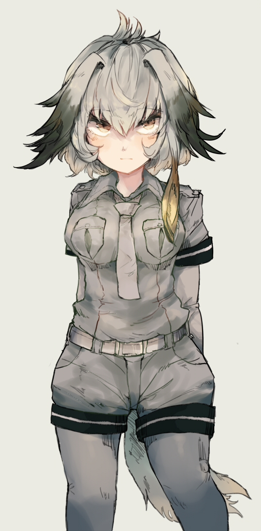 1girl bangs black_hair collared_shirt commentary_request eyebrows_visible_through_hair grey_hair grey_necktie grey_shirt hair_between_eyes head_wings kemono_friends long_hair looking_at_viewer low_ponytail multicolored_hair necktie shirt shoebill_(kemono_friends) short_sleeves side_ponytail solo standing yellow_eyes zairen