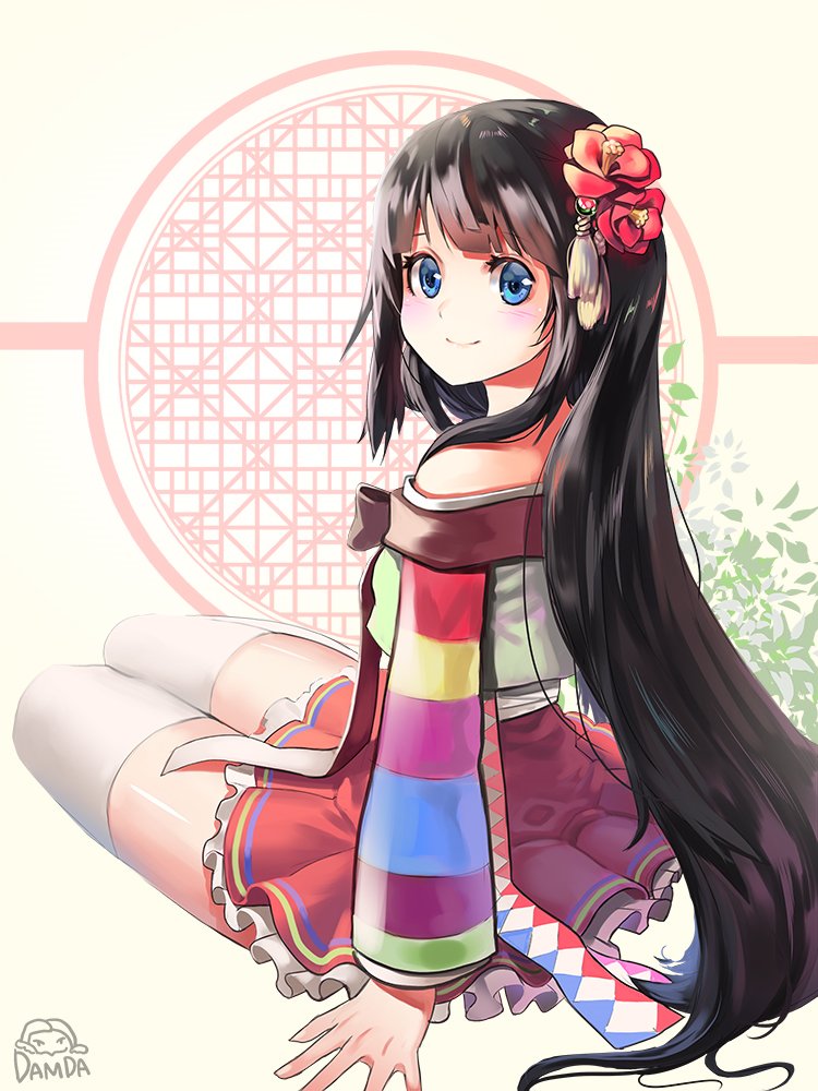 1girl arm_at_side arm_support artist_name bangs bare_shoulders black_hair blunt_bangs blush closed_mouth damda eyebrows_visible_through_hair flower frilled_skirt frills from_behind hair_flower hair_ornament hanbok korean_clothes leaf long_hair long_sleeves looking_at_viewer looking_back multicolored multicolored_stripes original plant red_flower ribbon sitting skirt smile solo straight_hair striped striped_sleeves sweets tassel thigh-highs twisted_neck very_long_hair white_legwear yokozuwari