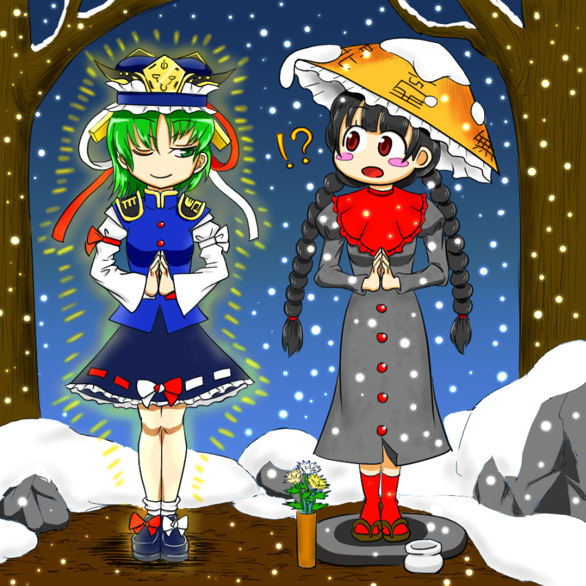 !? 2girls ajirogasa black_dress black_hair black_shoes blue_hat blush_stickers bow braid brown_hat commentary_request cup dress flower glowing gradient gradient_background green_eyes green_hair hands_together hat juliet_sleeves kaneshiro long_sleeves looking_at_another multiple_girls no_nose one_eye_closed puffy_sleeves red_bow red_eyes red_legwear red_ribbon ribbon rock sandals shiki_eiki shoes short_hair smile snowing standing touhou trait_connection tree twin_braids vase white_bow white_flower white_legwear white_ribbon yatadera_narumi yellow_flower