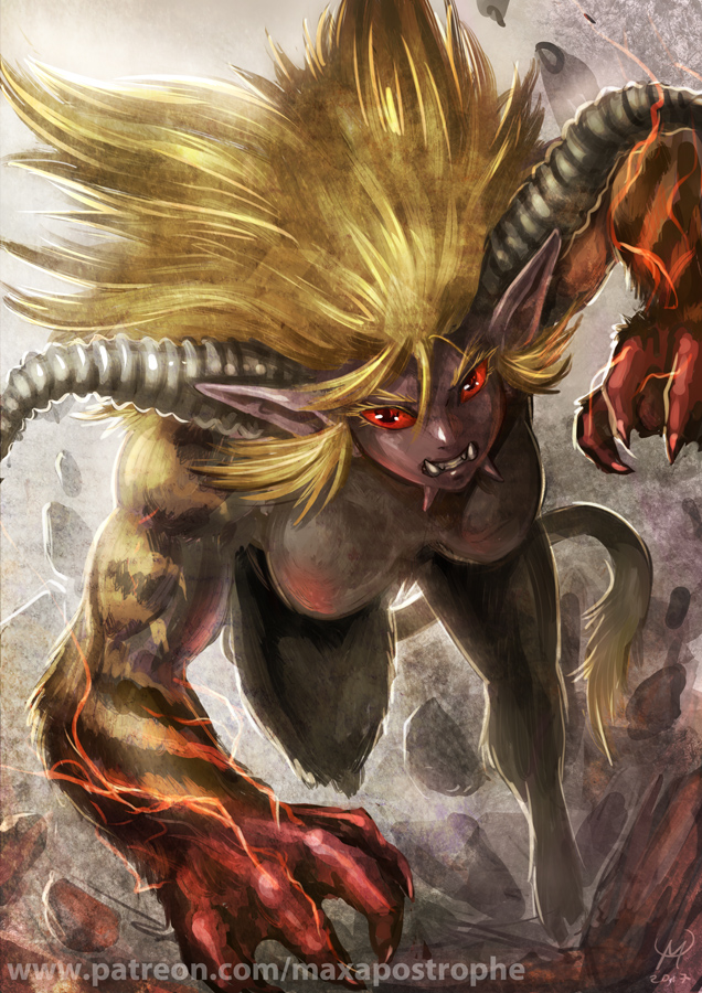 1girl artist_name blonde_hair claws clenched_teeth eyebrows fangs horns maxa' monster_girl monster_hunter muscle muscular_female pointy_ears rajang red_eyes red_sclera rubble sidelocks tail teeth
