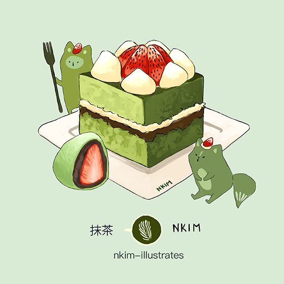 artist_name food fork fox fruit green green_background nadia_kim no_humans plate strawberry tagme