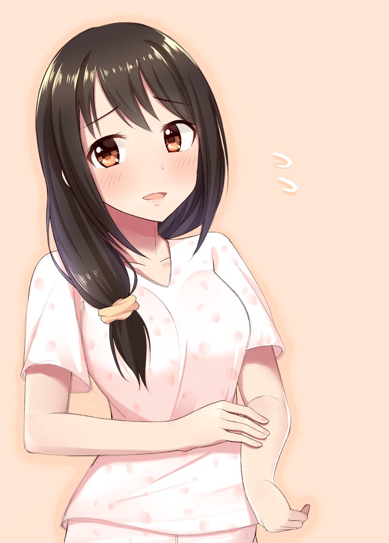 10s 1girl bangs black_hair blush breasts brown_eyes collarbone commentary_request flying_sweatdrops h3po4_chiba idolmaster idolmaster_cinderella_girls long_hair looking_at_viewer looking_to_the_side medium_breasts nakano_yuka pajamas parted_lips pink_background polka_dot ponytail scrunchie shirt smile solo t-shirt white_shirt