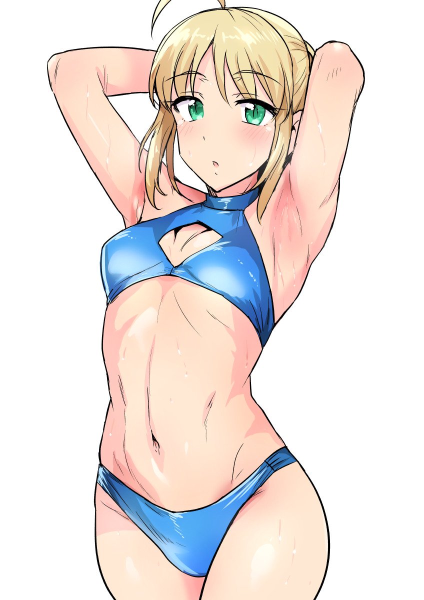 1girl ahoge armpits artoria_pendragon_(all) bare_arms blonde_hair breasts cleavage_cutout cowboy_shot fate/stay_night fate_(series) green_eyes highres looking_at_viewer navel saber simple_background small_breasts solo standing stomach sweat tsurui white_background