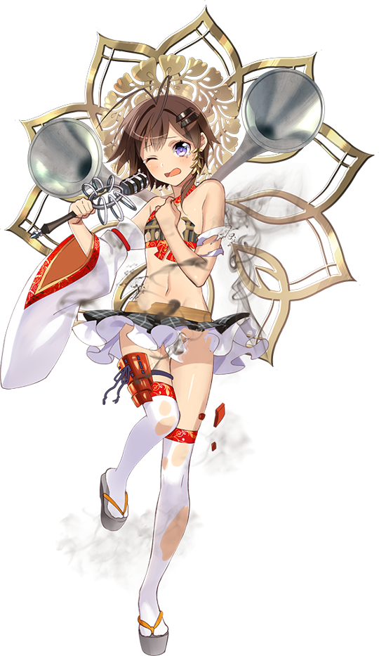 1girl antenna_hair breasts brown_hair checkered checkered_skirt covering covering_breasts detached_sleeves flat_chest frilled_skirt frills full_body hair_ornament hairclip holding holding_microphone horns microphone midriff murakami_yuichi navel official_art one_eye_closed open_mouth oshiro_project oshiro_project_re oyama_gobou_(oshiro_project) purple_hair short_hair skirt small_breasts smile tearing_up thigh-highs torn_clothes torn_thighhighs transparent_background