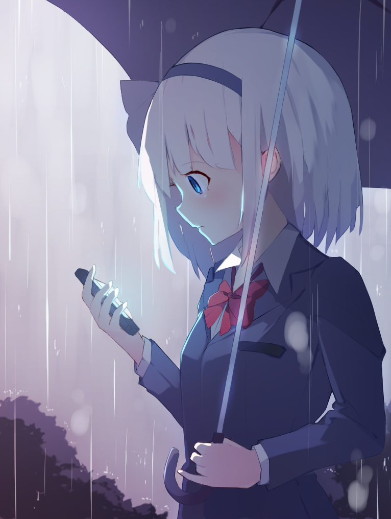 1girl blue_eyes blush bow cellphone chiroru_(cheese-roll) closed_mouth eyebrows_visible_through_hair hairband holding holding_cellphone holding_phone holding_umbrella konpaku_youmu long_sleeves looking_away phone rain red_bow school_uniform short_hair solo touhou umbrella upper_body white_hair