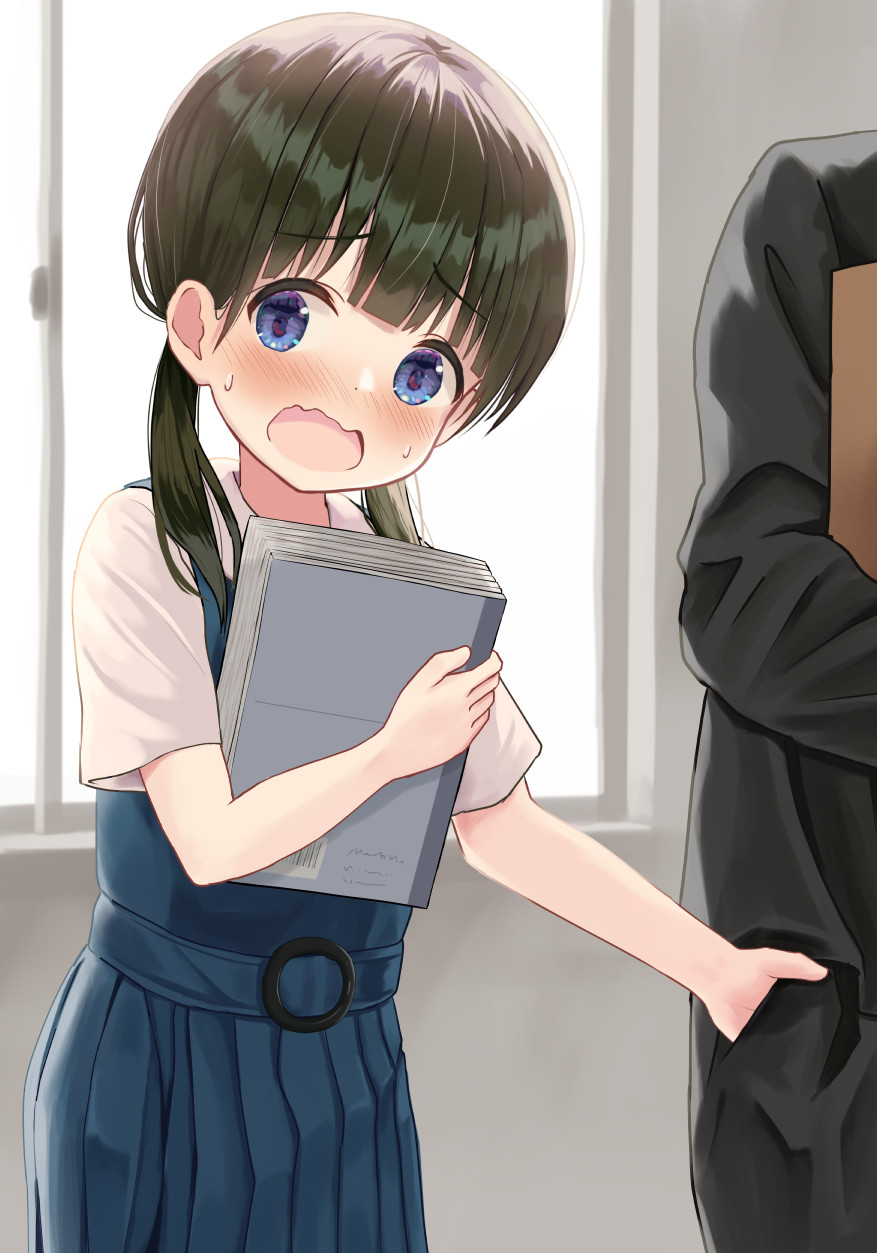 1girl bangs black_hair black_jacket black_pants blue_dress blue_eyes blush book collared_shirt commentary_request dress eyebrows_visible_through_hair gakuran hand_in_another's_pocket highres holding holding_book indoors jacket long_hair looking_at_viewer low_twintails mimikaki_(men_bow) nose_blush open_mouth original pants pinafore_dress pleated_dress school_uniform shirt short_sleeves sleeveless sleeveless_dress solo_focus sweat twintails wavy_mouth white_shirt window
