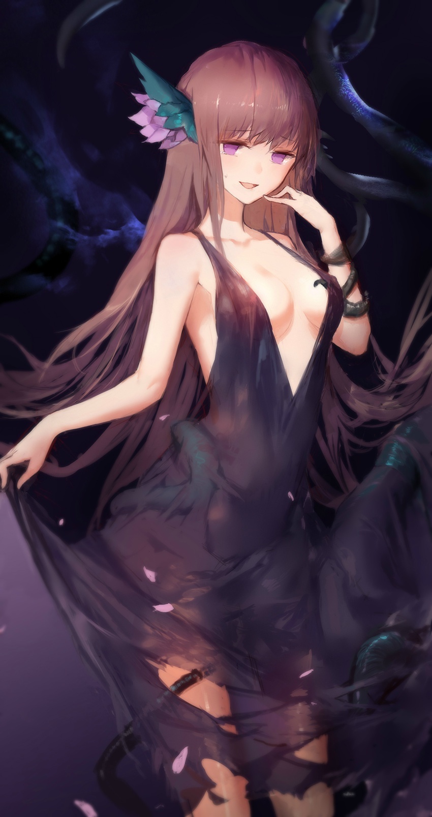 1girl black_dress breasts brown_hair cleavage collarbone dark_persona dress dress_lift eyebrows_visible_through_hair hair_ornament hand_to_own_mouth highres long_hair low-cut naughty_face open_mouth sidelocks small_breasts smile solo swd3e2 sweatdrop tentacle tentacles_under_clothes torn_clothes torn_dress venus_blood venus_blood_-frontier- very_long_hair violet_eyes