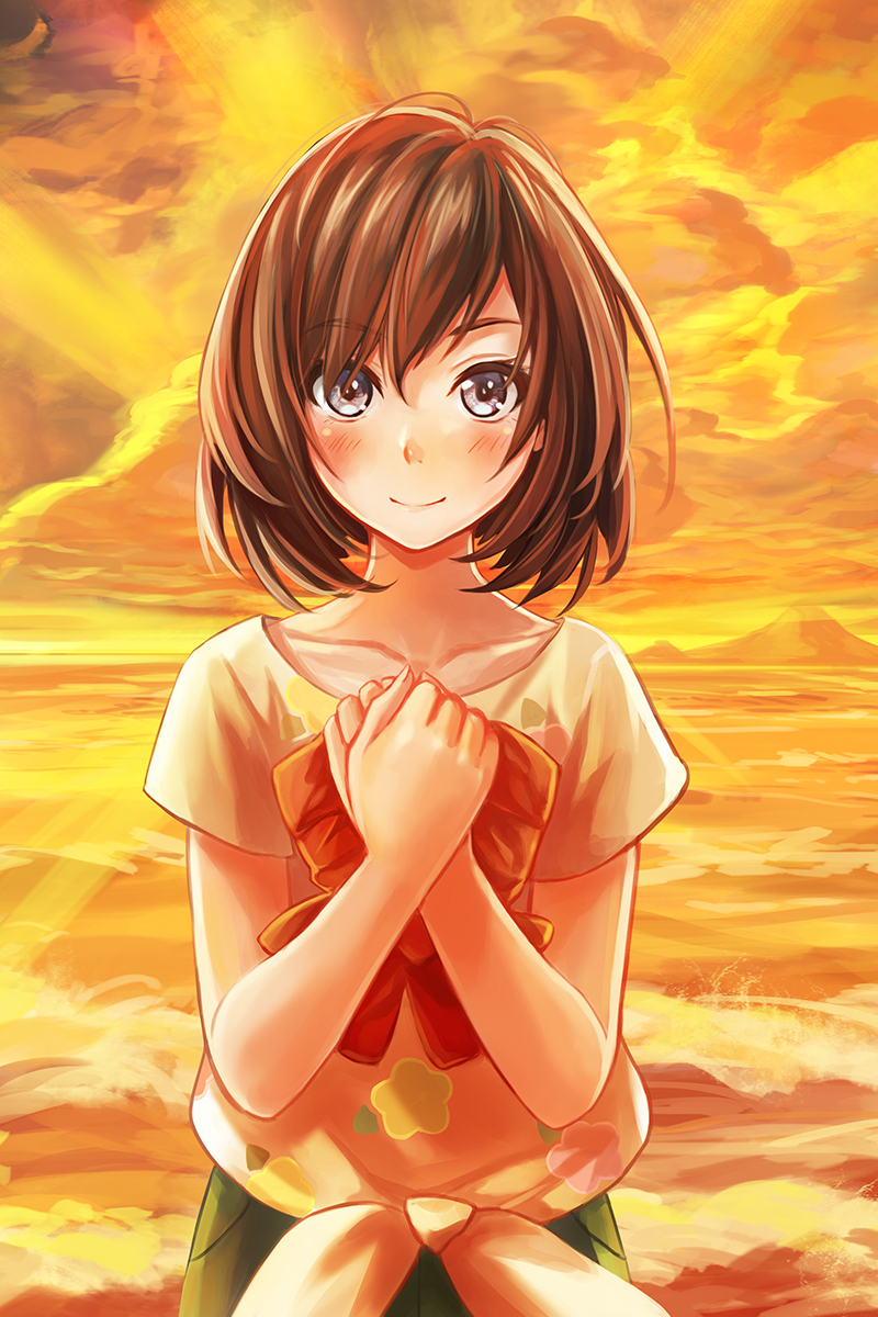 1girl bangs brown_hair clouds cloudy_sky collarbone commentary eyebrows_visible_through_hair green_pants grey_eyes hand_on_hand hat highres holding holding_hat looking_at_viewer mizuki_(pokemon_sm) ocean pants pokemon pokemon_(game) pokemon_sm redpoke shirt short_hair short_sleeves sky smile solo sunset upper_body