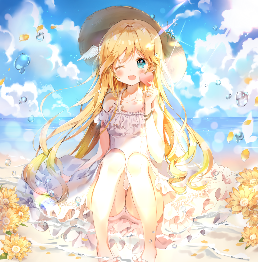 1girl barefoot beach blonde_hair blue_eyes blush collarbone dohj00 eyebrows_visible_through_hair flower hat looking_at_viewer one_eye_closed open_mouth original sitting smile solo water_drop