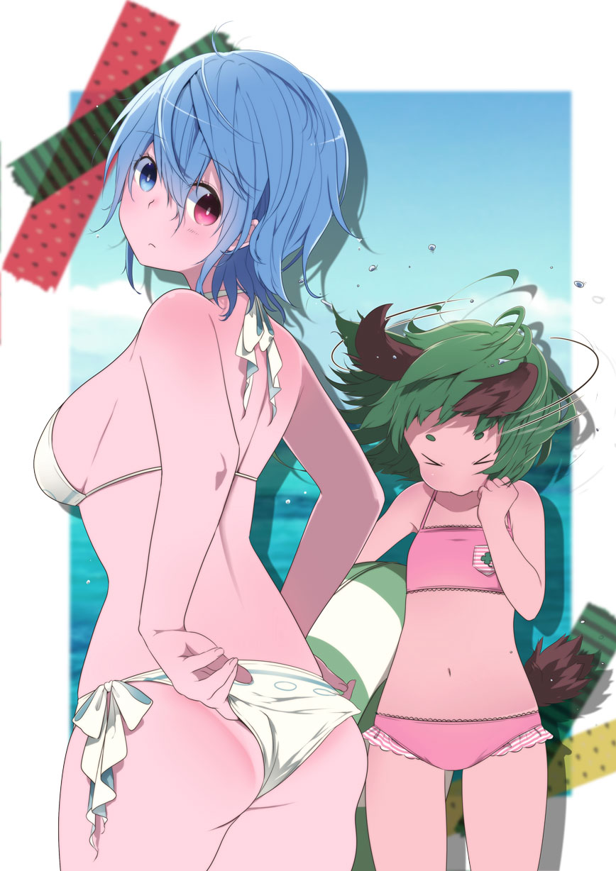 2girls adjusting_clothes adjusting_swimsuit animal_ears ass bikini blue_eyes blue_hair breasts closed_eyes commentary_request flat_chest green_hair hair_between_eyes heterochromia highres kasodani_kyouko medium_breasts multiple_girls namauni navel pink_bikini red_eyes shaking_head short_hair sideboob standing swimsuit tail tan tanline tatara_kogasa touhou white_bikini