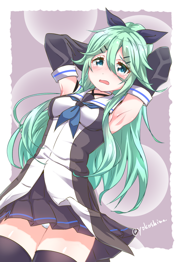 1girl armpits arms_behind_head black_serafuku detached_sleeves green_eyes green_hair hair_between_eyes hair_ornament hair_ribbon hairclip kantai_collection long_hair looking_at_viewer pleated_skirt ribbon school_uniform serafuku skirt solo thigh-highs twitter_username yamakaze_(kantai_collection) yokoshima_(euphoria) zettai_ryouiki