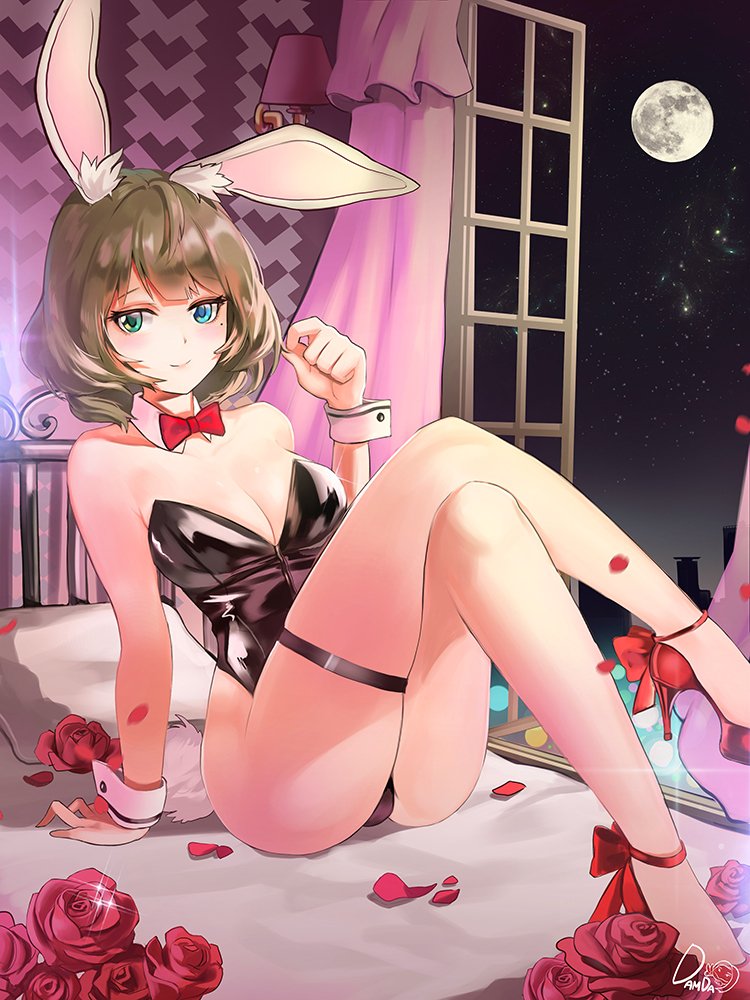 10s 1girl animal_ears ankle_bow ankle_ribbon arm_support bangs bare_arms bare_shoulders bed blue_eyes blunt_bangs blush bow bowtie breasts bunny_girl bunnysuit cleavage closed_mouth curtains damda detached_collar eyebrows_visible_through_hair eyelashes flower full_moon green_eyes hair_twirling hand_up hetero high_heels idolmaster idolmaster_cinderella_girls knees_up legs_crossed leotard medium_breasts mole mole_under_eye moon night night_sky on_bed petals rabbit_ears reclining red_bow red_bowtie red_flower red_ribbon red_rose red_shoes ribbon rose shoes short_hair sitting sitting_on_bed sky smile solo star_(sky) starry_sky strapless strapless_leotard takagaki_kaede thigh_strap window wrist_cuffs