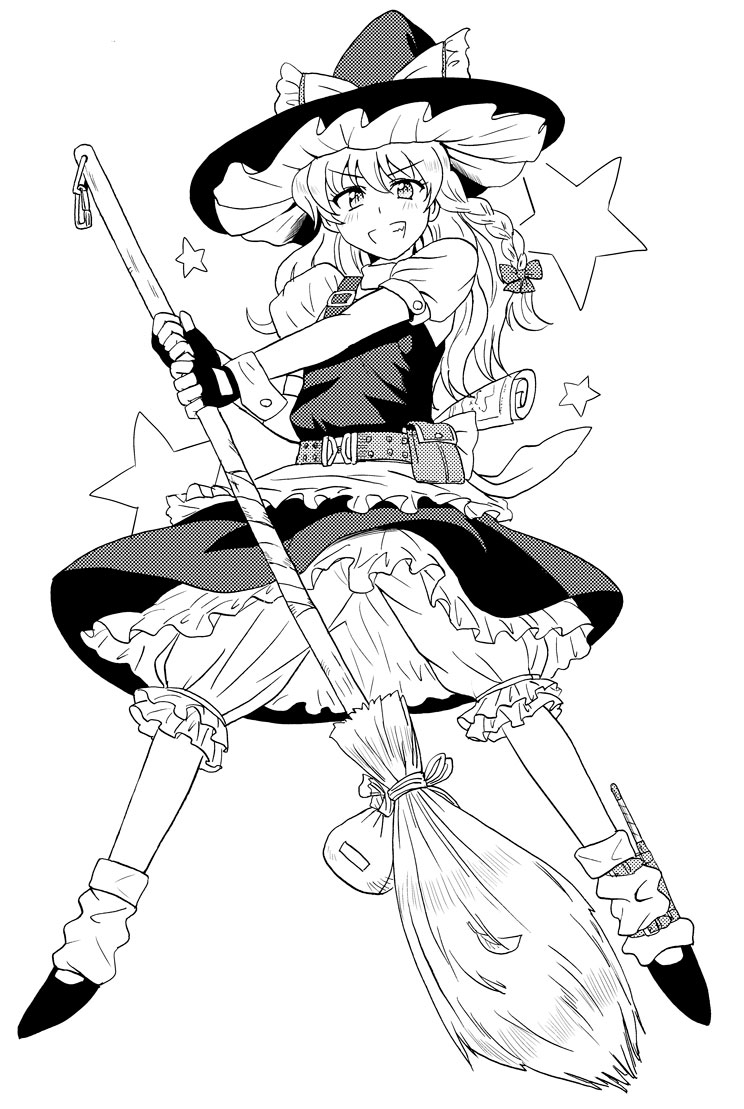 1girl belt bloomers bow broom fingerless_gloves full_body gloves greyscale grin hat hat_bow holding holding_broom kirisame_marisa looking_at_viewer map miniskirt monochrome pouch shoes short_sleeves simple_background skirt skirt_set smile socks solo standing star teeth touhou tsurui underwear vest white_background witch_hat