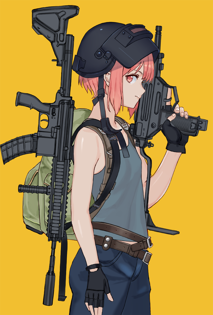 1girl ar-15 assault_rifle backpack bag belt black_gloves closed_mouth cowboy_shot crossover denim fingerless_gloves flat_chest foregrip from_side gloves gun heckler_&amp;_koch helmet highres hk416 imi_uzi jeans kantai_collection looking_at_viewer mask mask_on_head micro_uzi pants pink_eyes pink_hair playerunknown's_battlegrounds profile rifle ruisento short_hair simple_background sling solo stanag_magazine submachine_gun suppressor tank_top trigger_discipline vertical_foregrip weapon welding_mask yellow_background z3_max_schultz_(kantai_collection)