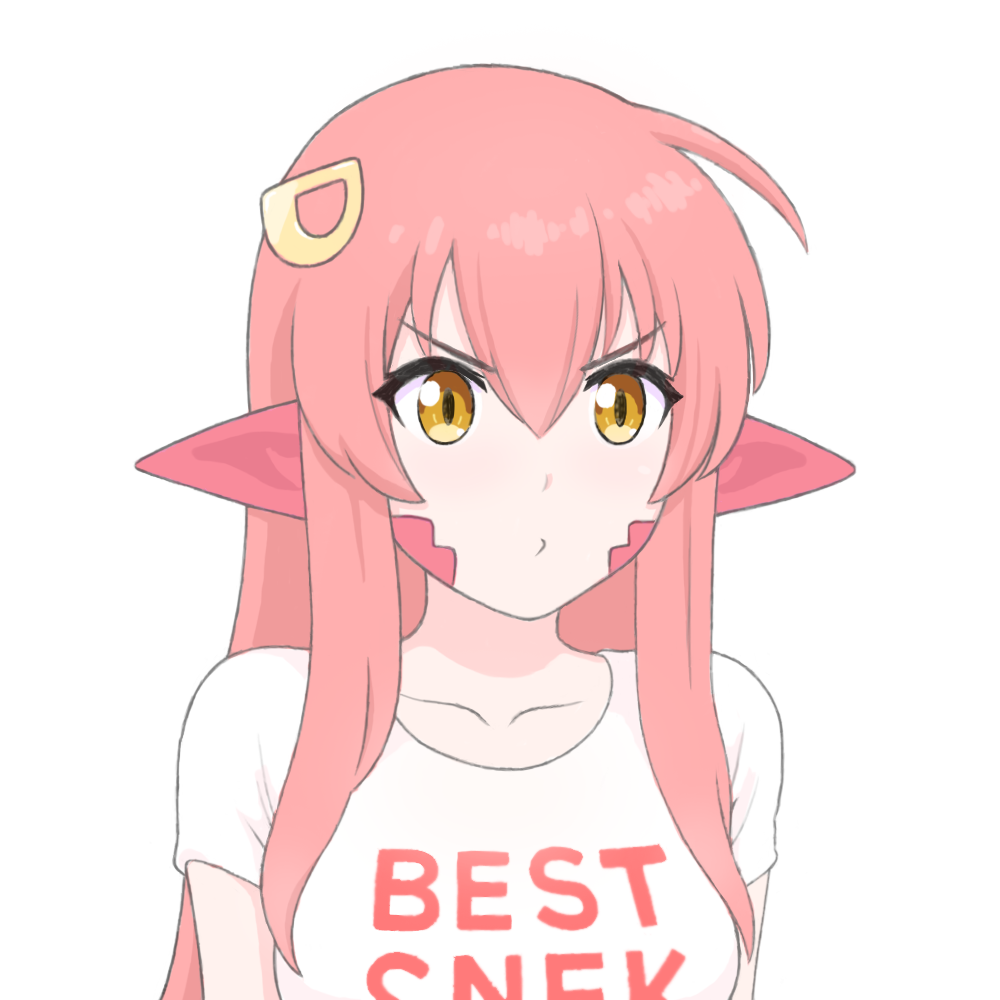 1girl clothes_writing english engrish hair_ornament hairclip lamia long_hair miia_(monster_musume) monster_girl monster_musume_no_iru_nichijou pink_hair pointy_ears pout ranguage scales shirt shpo solo t-shirt upper_body white_background yellow_eyes