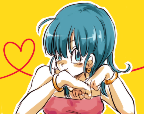 1girl blue_eyes blue_hair bracelet bulma dragon_ball earrings eyebrows_visible_through_hair hand_on_own_chin heart jewelry lowres short_hair simple_background smile solo_focus tank_top tkgsize yellow_background