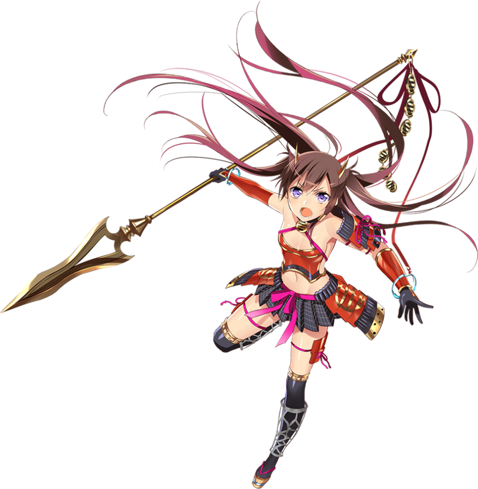 &gt;:o 1girl :o breasts brown_hair checkered checkered_skirt elbow_gloves flat_chest full_body gloves holding holding_spear holding_weapon long_hair murakami_yuichi official_art oshiro_project oshiro_project_re pleated_skirt polearm sakuma_kanazawa_(oshiro_project) skirt small_breasts spear thigh-highs transparent_background two_side_up violet_eyes weapon