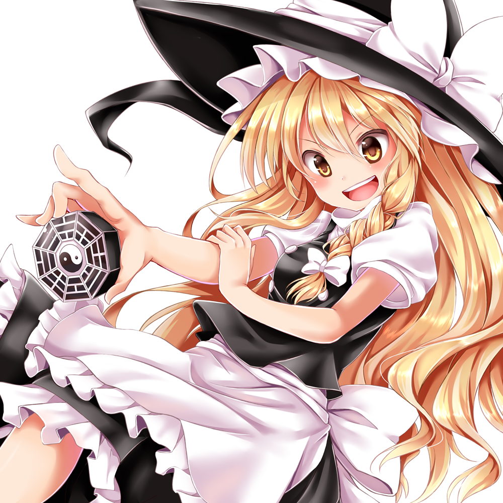 1girl apron bare_legs black_hat black_skirt blonde_hair bow buttons chikuwa_savi frilled_skirt frills hair_bow hat hat_bow holding kirisame_marisa long_hair mini-hakkero open_mouth puffy_short_sleeves puffy_sleeves short_sleeves simple_background skirt skirt_set smile solo teeth touhou vest waist_apron white_background white_boots witch_hat yellow_eyes