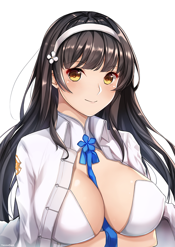 1girl :&gt; artist_name bangs between_breasts black_hair blush breasts closed_mouth collarbone eyebrows_visible_through_hair girls_frontline hairband jacket_on_shoulders large_breasts long_hair looking_at_viewer qbz-95_(girls_frontline) sidelocks simple_background smile solo upper_body white_background yellow_eyes yeoohdam