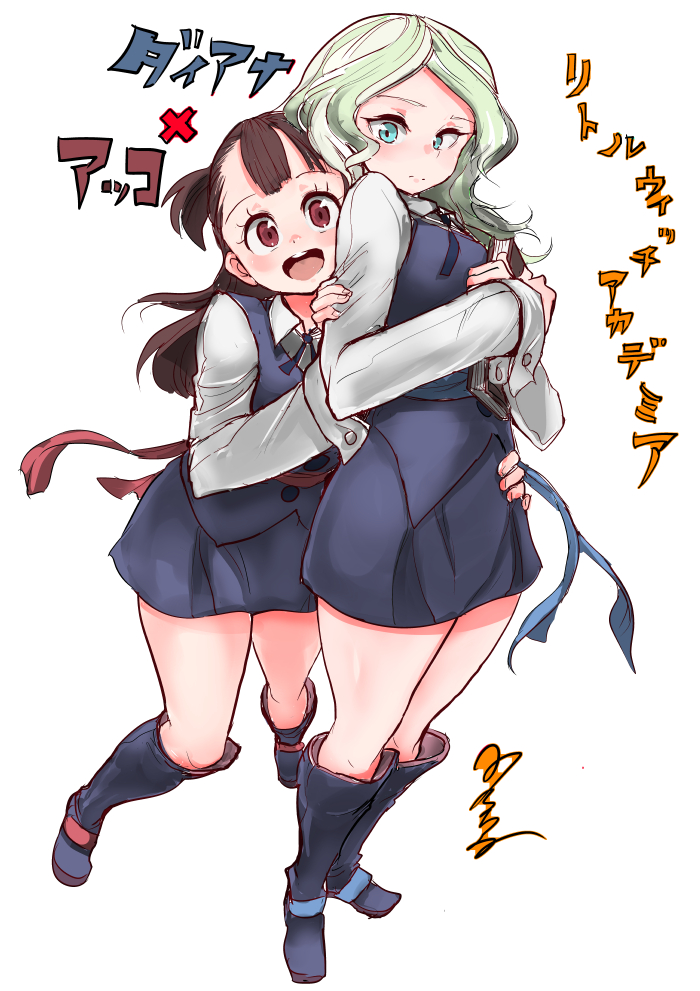 2girls blonde_hair blush brown_hair diana_cavendish green_eyes green_hair hug hug_from_behind kagari_atsuko little_witch_academia long_hair multicolored_hair multiple_girls open_mouth red_eyes shy simple_background skirt text translation_request uniform white_background